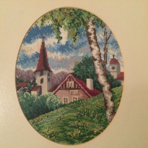 Framed hand made needlework yarn art wall hangings trees house - Picture 2 of 3